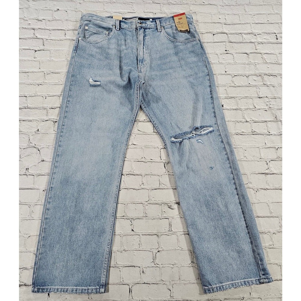 Levis Silvertab Straight Zip Denim Jeans Blue Distressed MENS SIZE 38X32